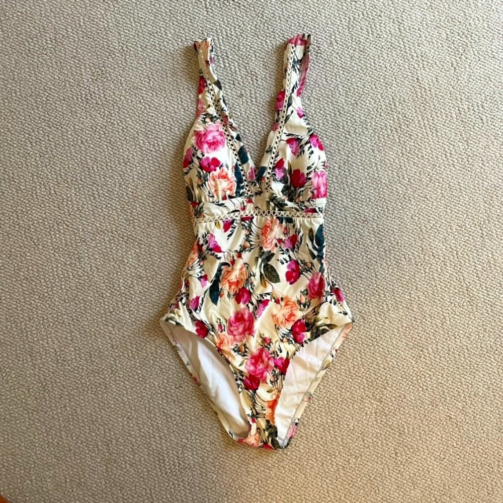 Antonio Melani bright pink floral and ivory/white one piece swimsuit 6